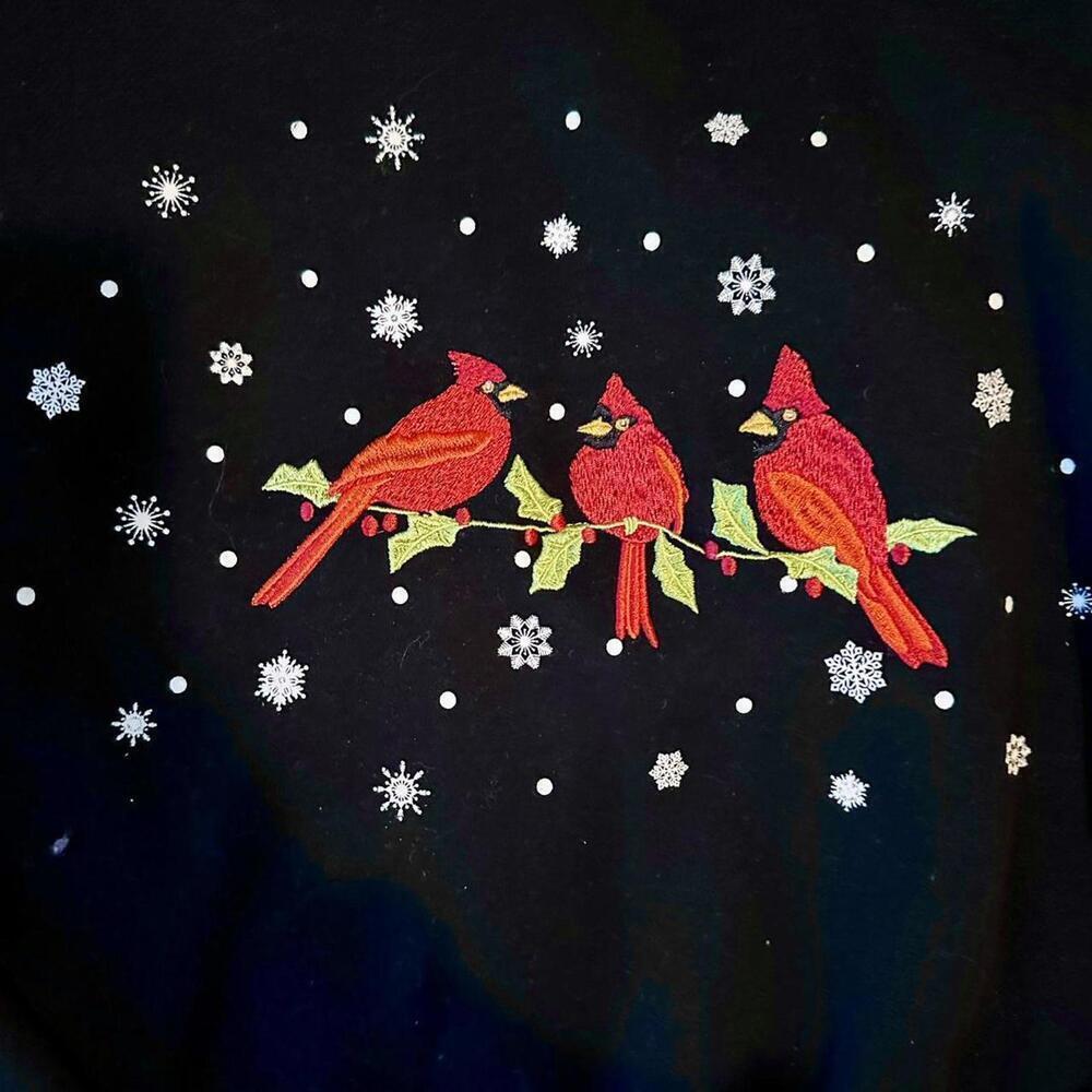Black crewneck grandma sweater with red cardinals and snowflakes - Picture 2 of 4